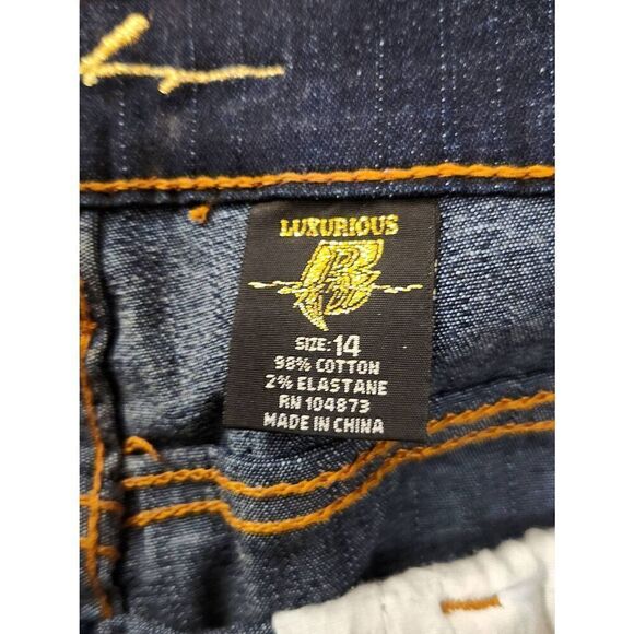 Ruff Ryders Y2K Flare embroidered Jeans size 14 (34x31) dark wash gold accent - Picture 2 of 11